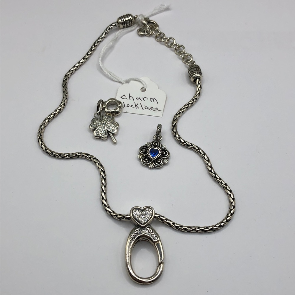 Brighton Abc Clip On Charm Hook Necklace (retired) 2 Free Charms Clover Heart.